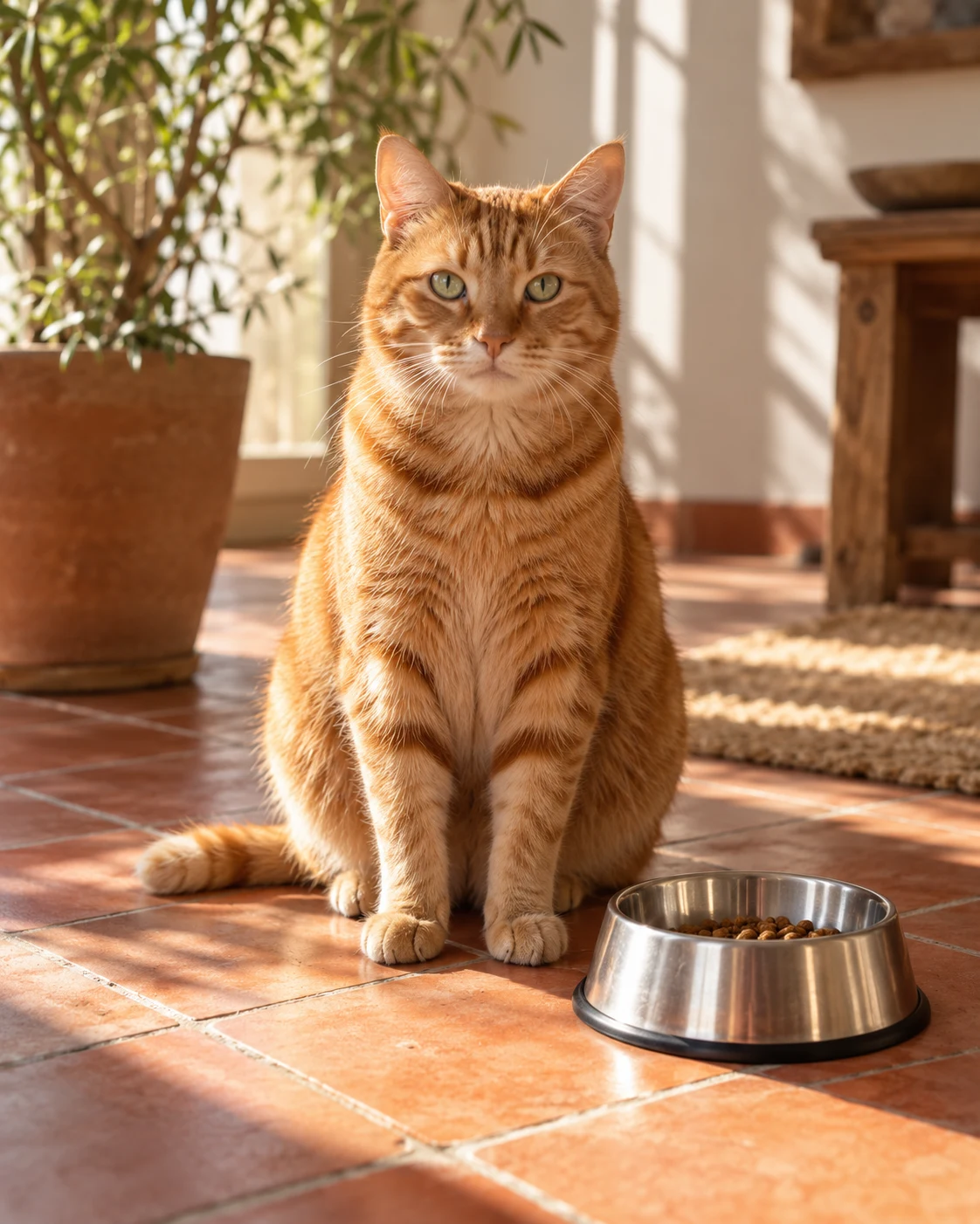 A ginger cat beside a feeding bowl in a sunlit home