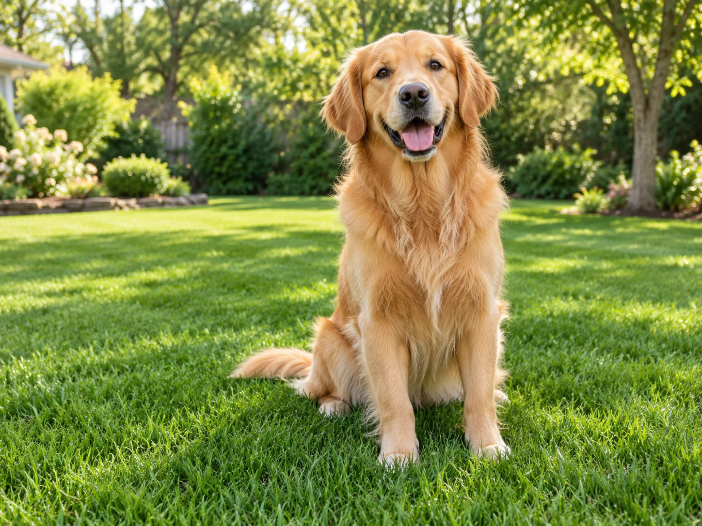 Golden retriever sitting happily in a tidy green yard
